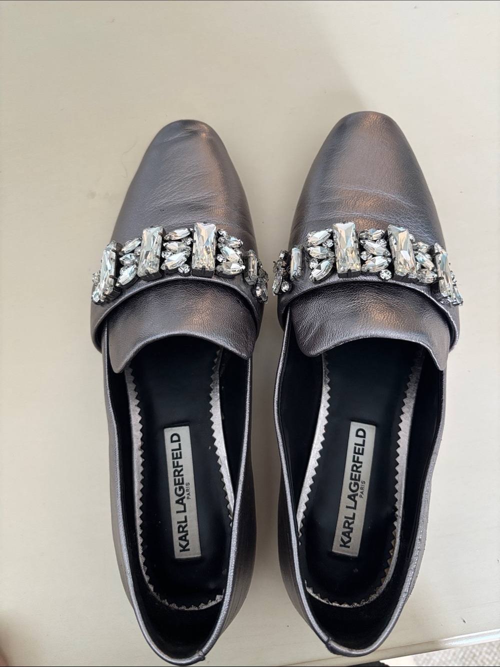 Karl Lagerfeld Pewter Metallic Jeweled Loafers - Picture 3 of 5